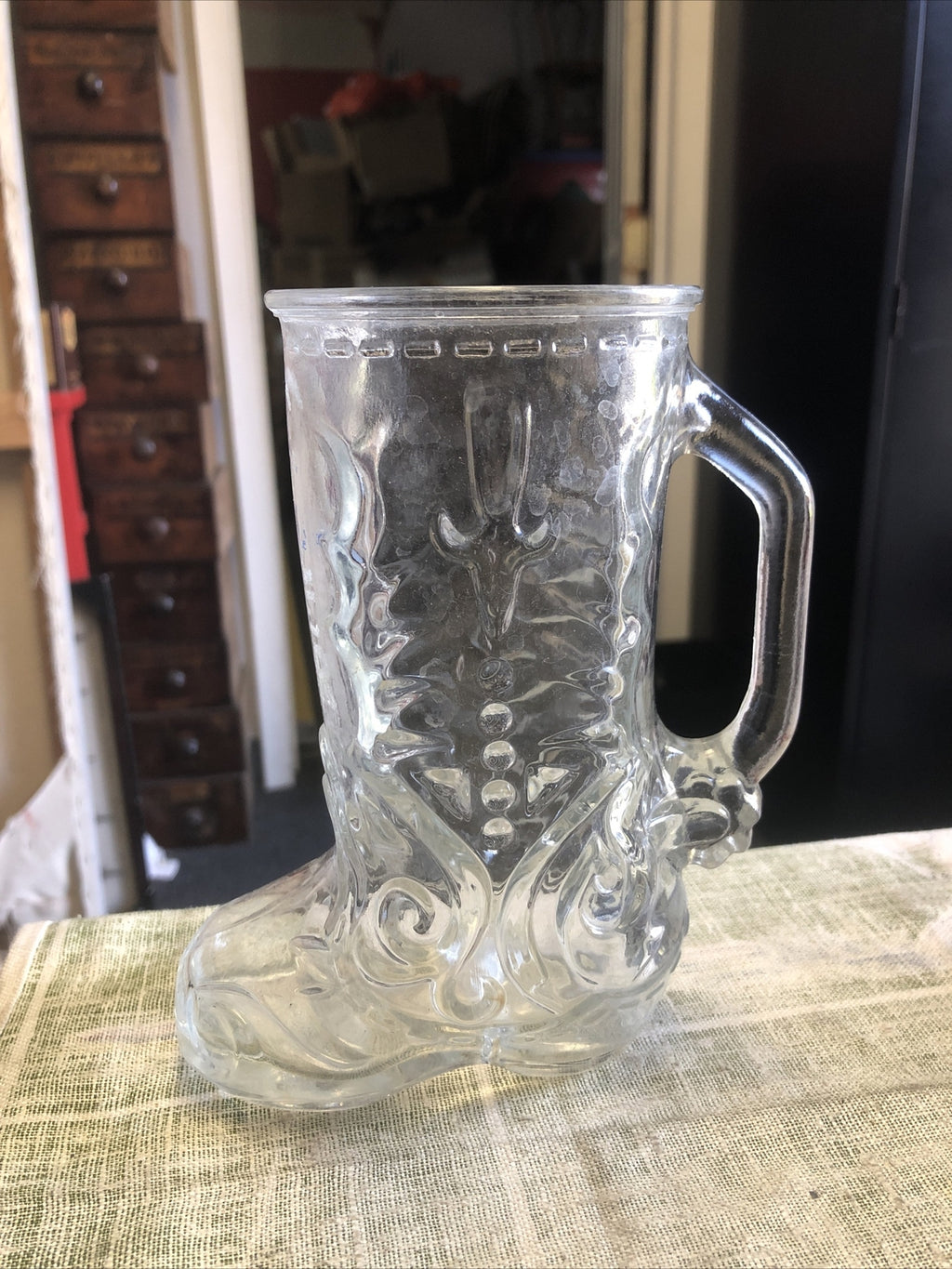 Vintage LIBBEY OF CANADA 6.5” BEER BOOT Mug Embossed Glass w Handle “TYLER”0