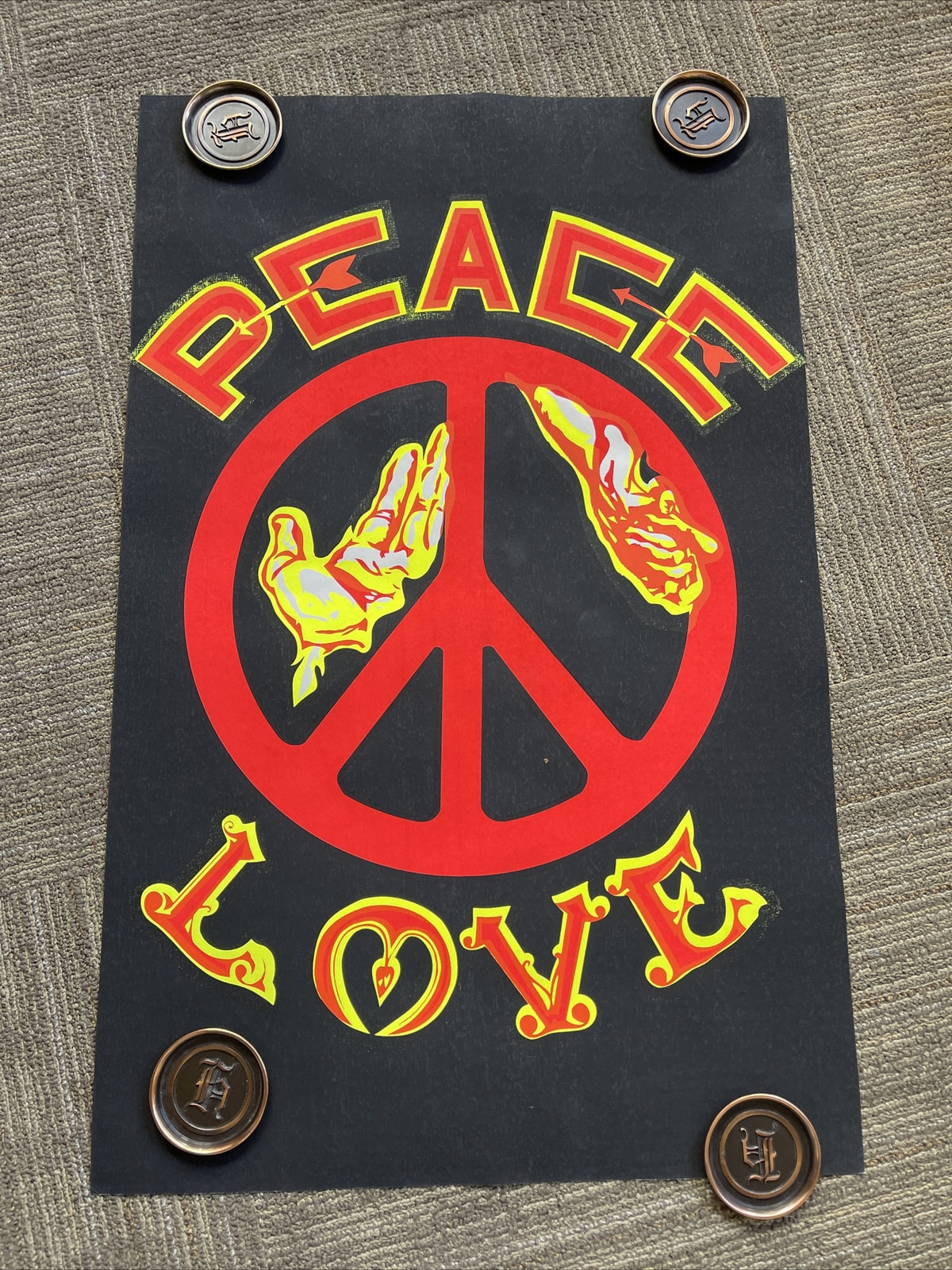 1970s Vintage Peace Love Freedom Sex Hippie Headshop Blacklight Poster 21x32”0