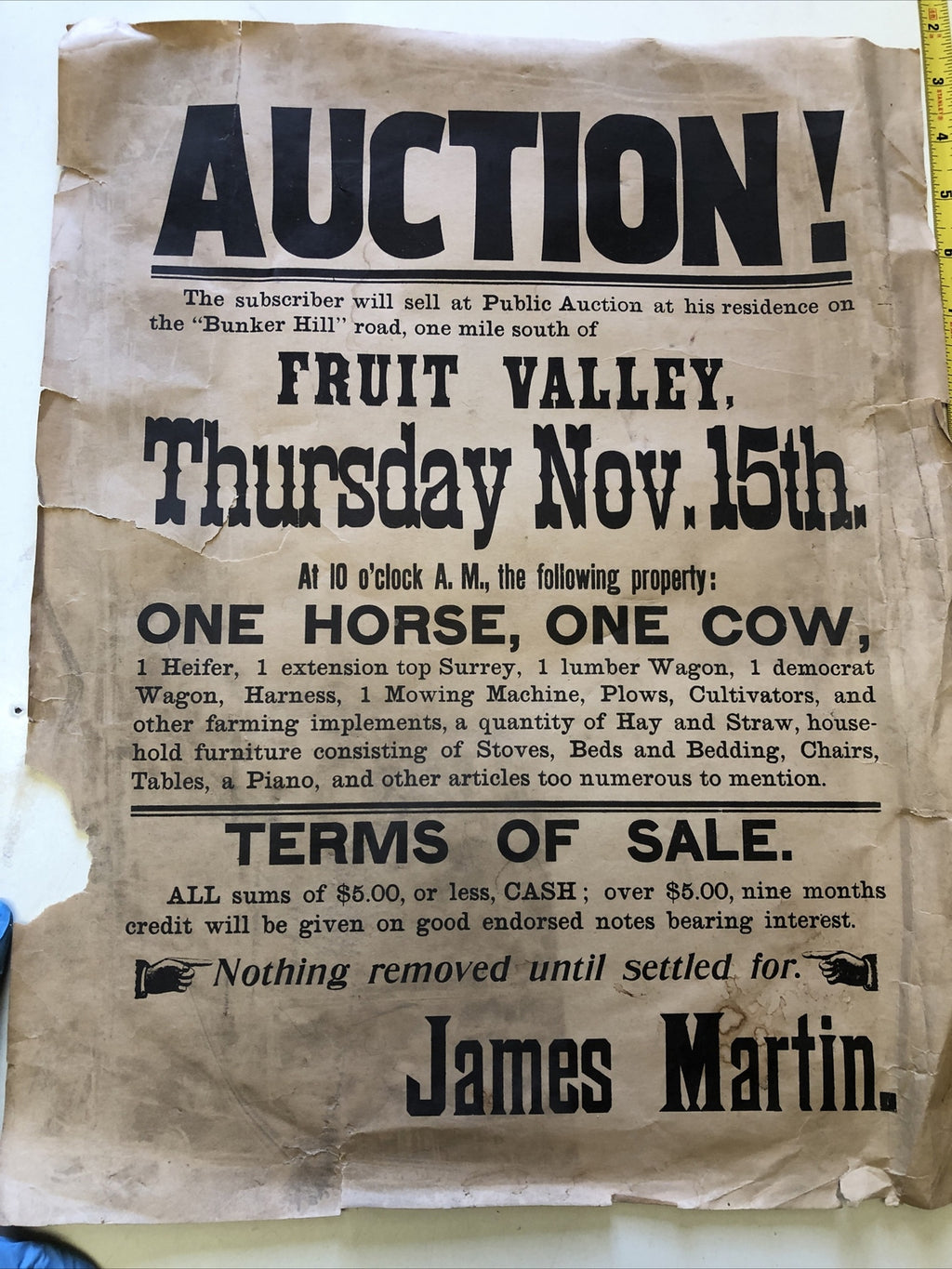 Vintage 1800s Rare Auction Notice poster signs-1 Horse 1 Cow Wagon James Martin4