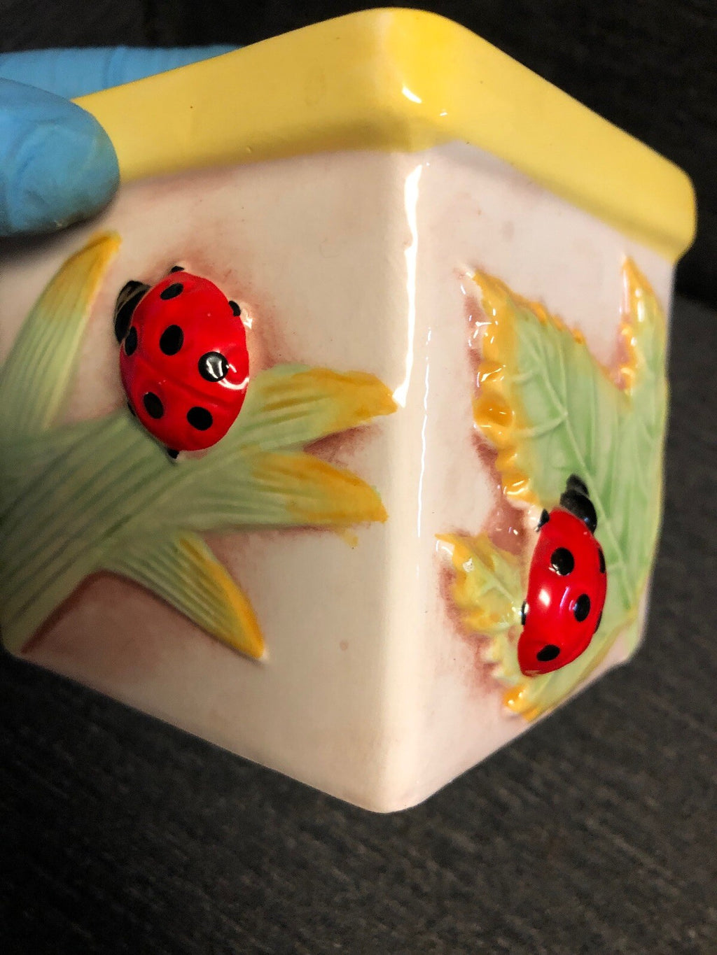 Vintage Painted Lady Bugs And Leaf Square Glass Candle Holder 3.5” x 3.5” x 3.5”3