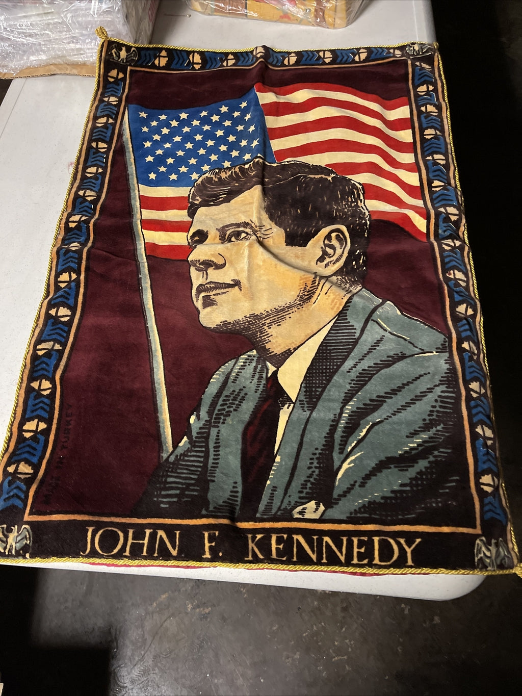Amazing and Original 1964 John F Kennedy Presidential Banner Velvet 33” X 23”0