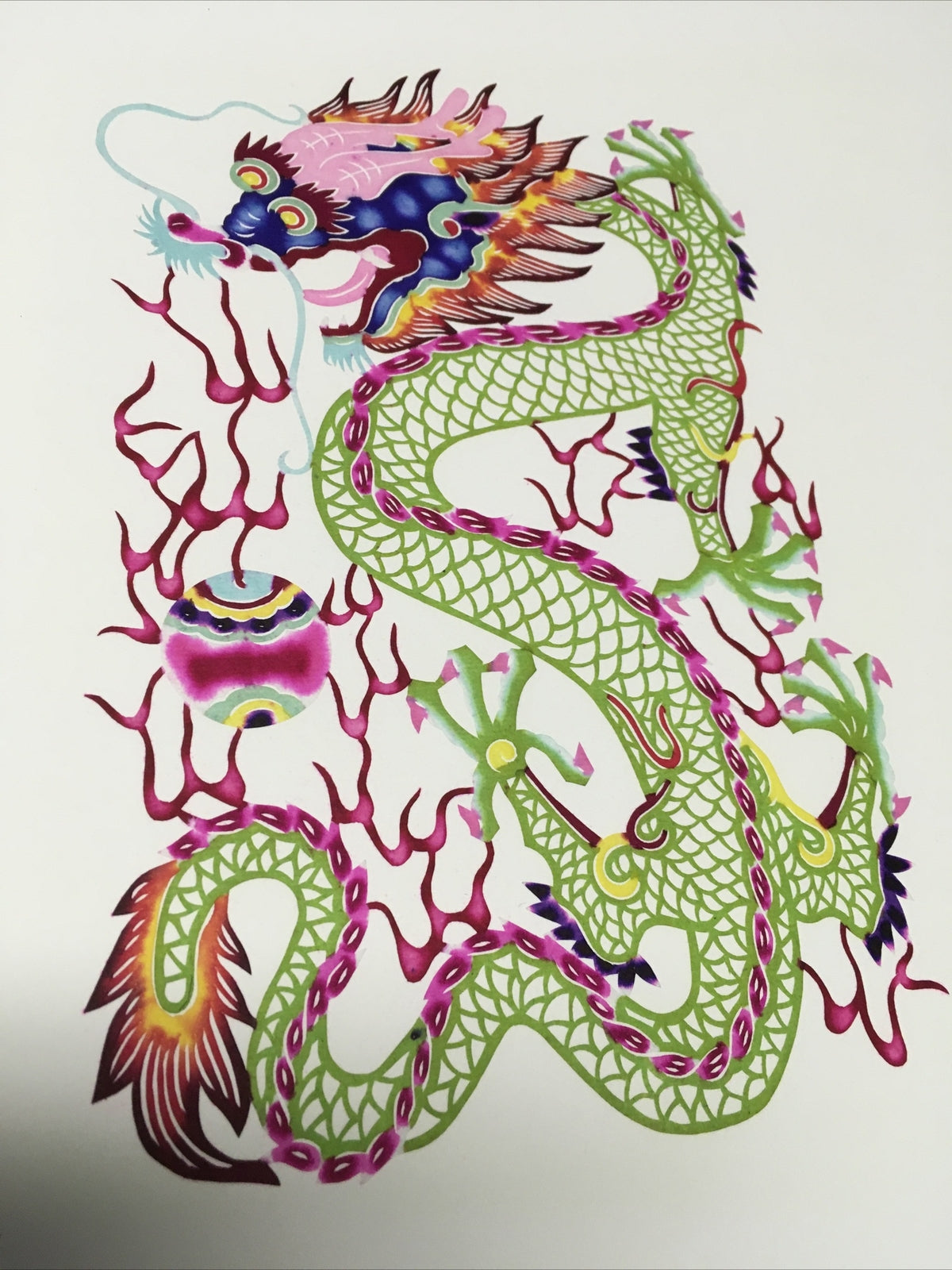 Antique Asian Chinese paper cut detailed Hand Colored Dragon/Long With Ball0