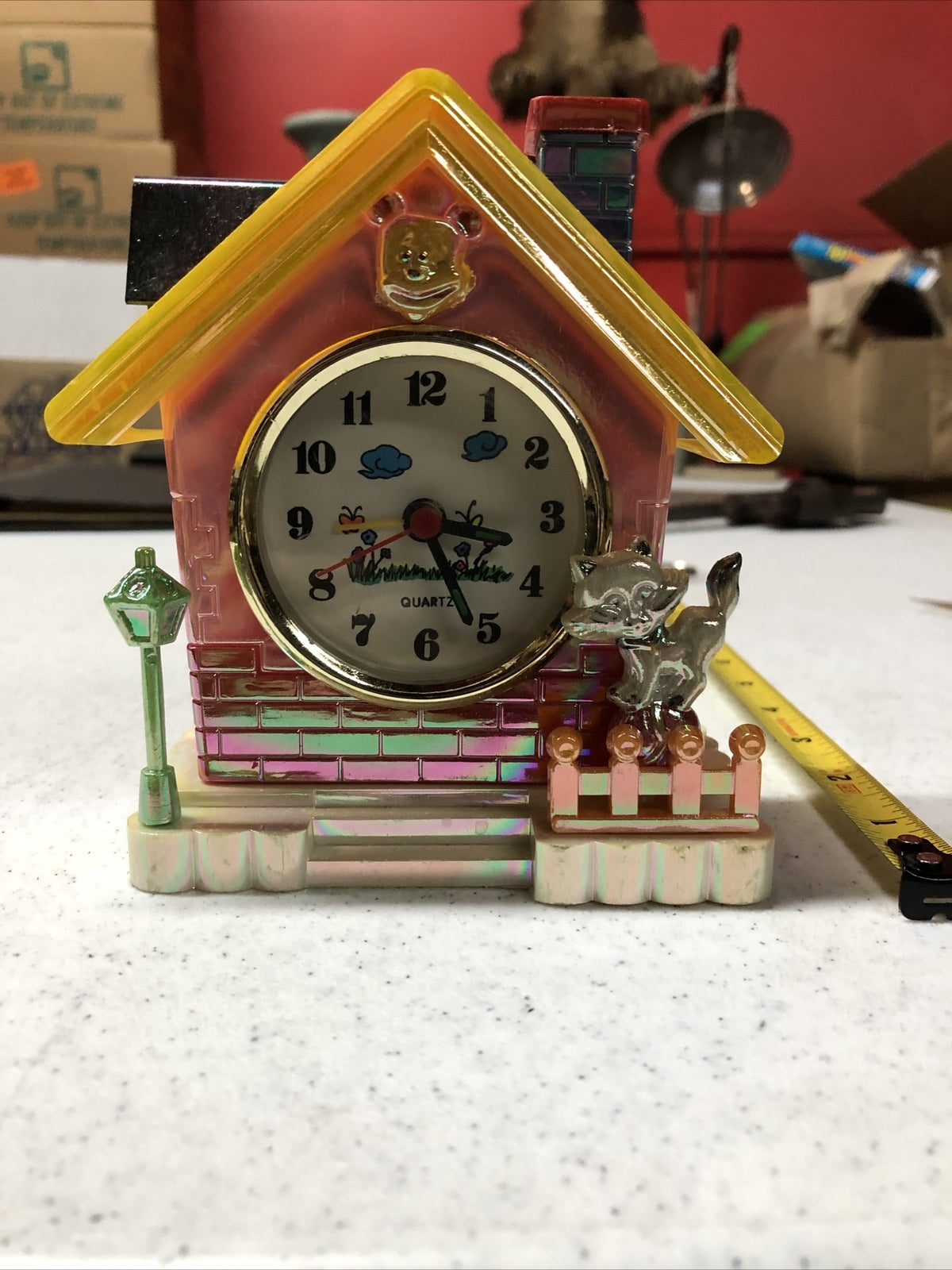 Vintage 6" Plastic Home House Clock With Cat And Fence Untested Needs Batteries0