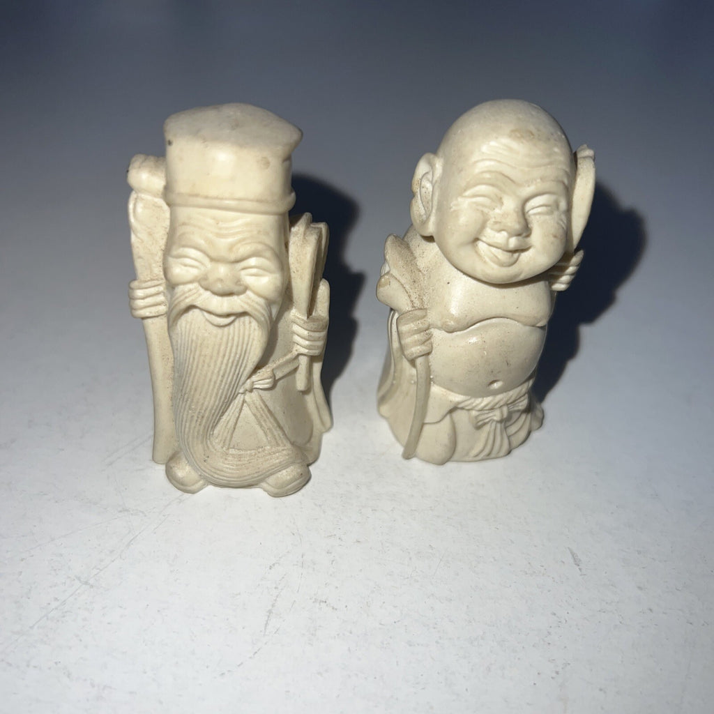Small Vintage White Carved Confucius and Buddha Figurines 0