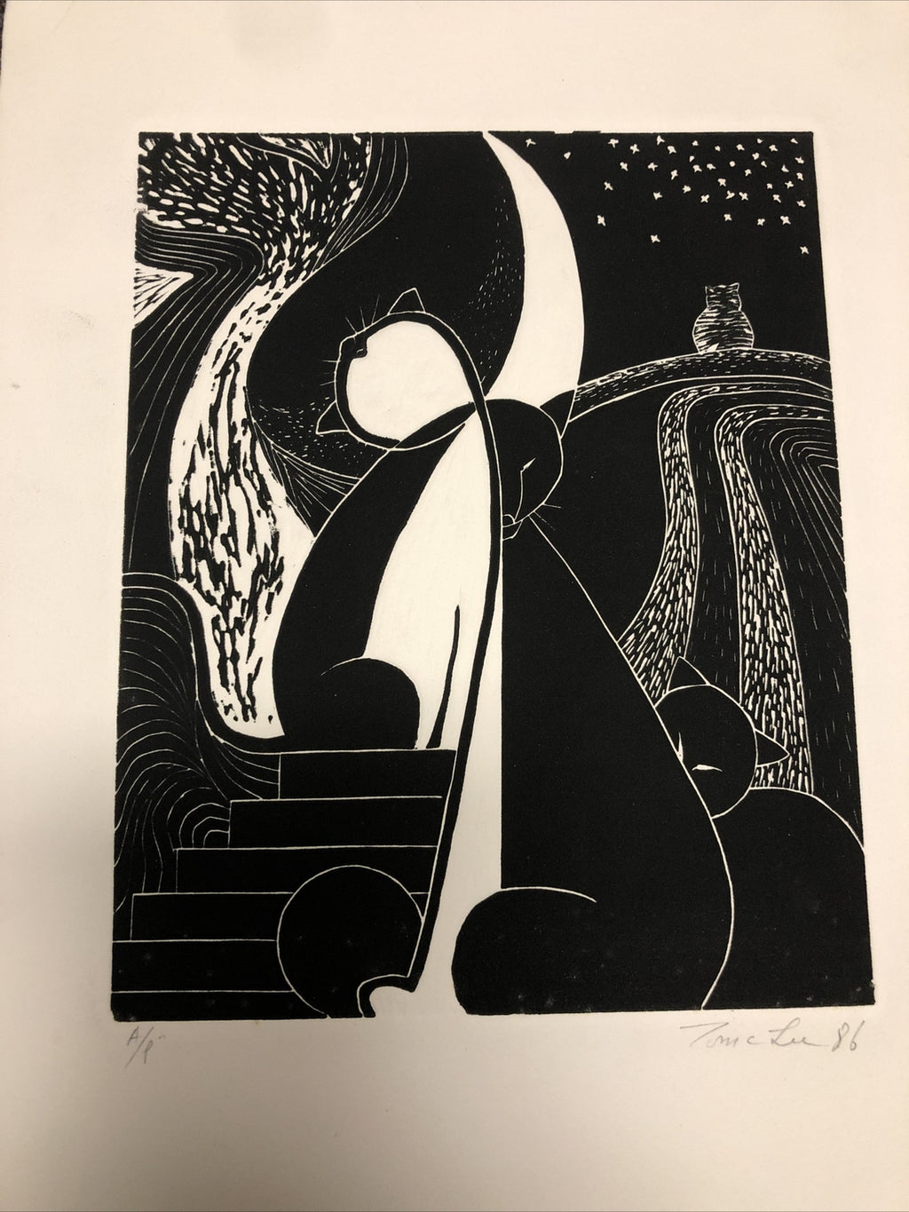 Vintage 1986 Original Etching By Tom C. Lee A/P Cats 15”x11”7