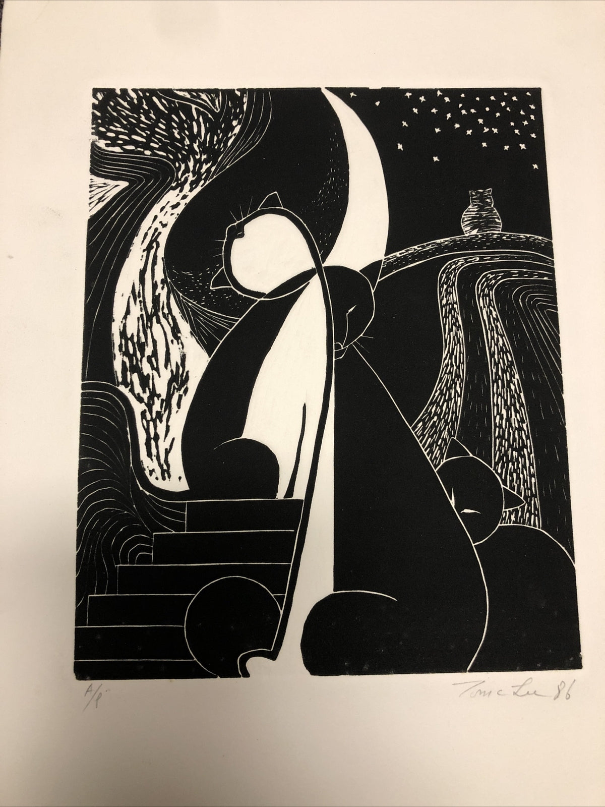 Vintage 1986 Original Etching By Tom C. Lee A/P Cats 15”x11”7