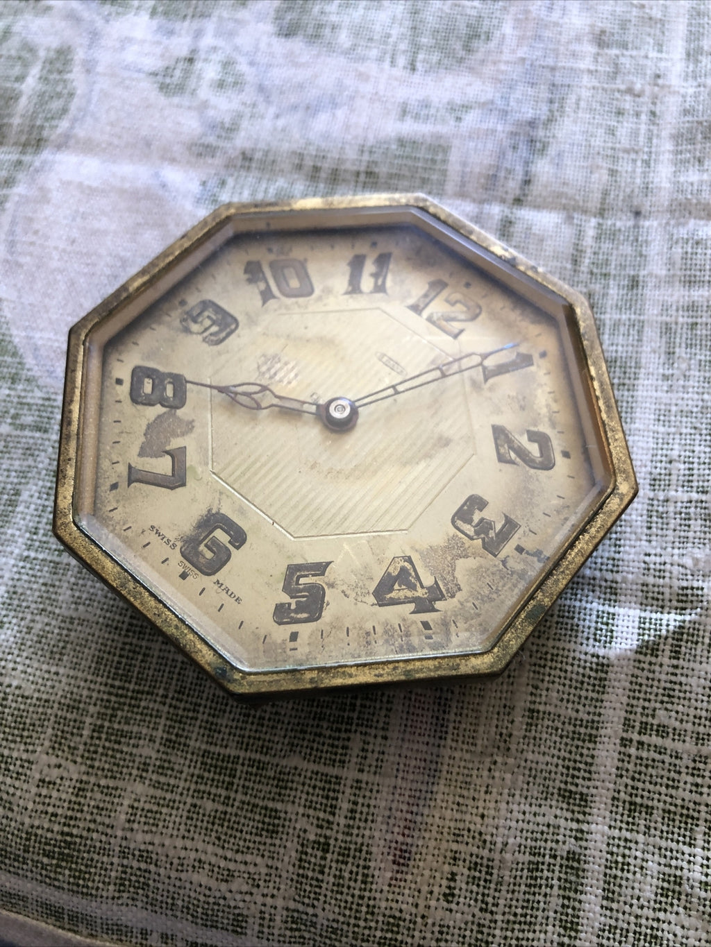 Antique Swiss 8 Days Pocket Watch Clock With Stand Swiss Made 3”x3”7