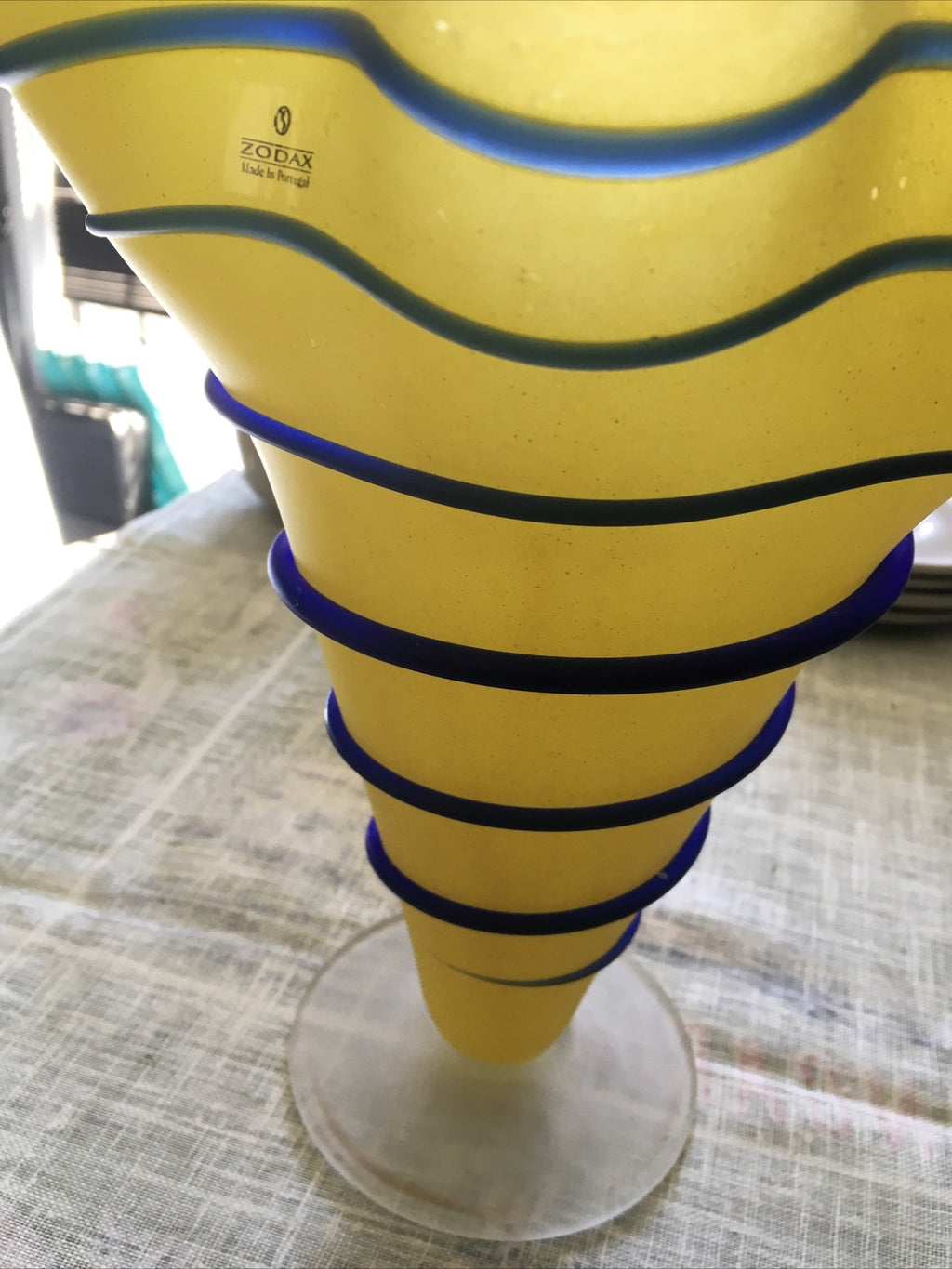 Zodax Art Glass Yellow And Blue Vase Vessel 10”x8.5”4