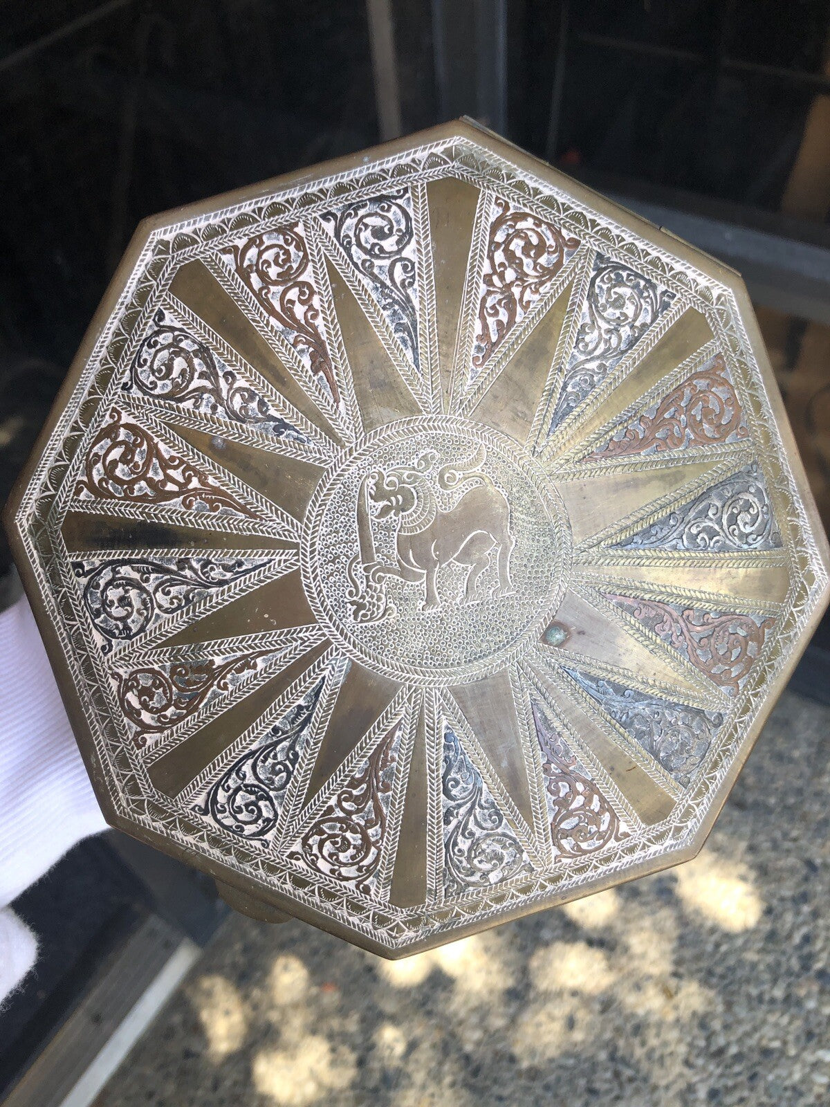 Antique Brass Asian Hexagon Box 7”x2” Jewelry Box0