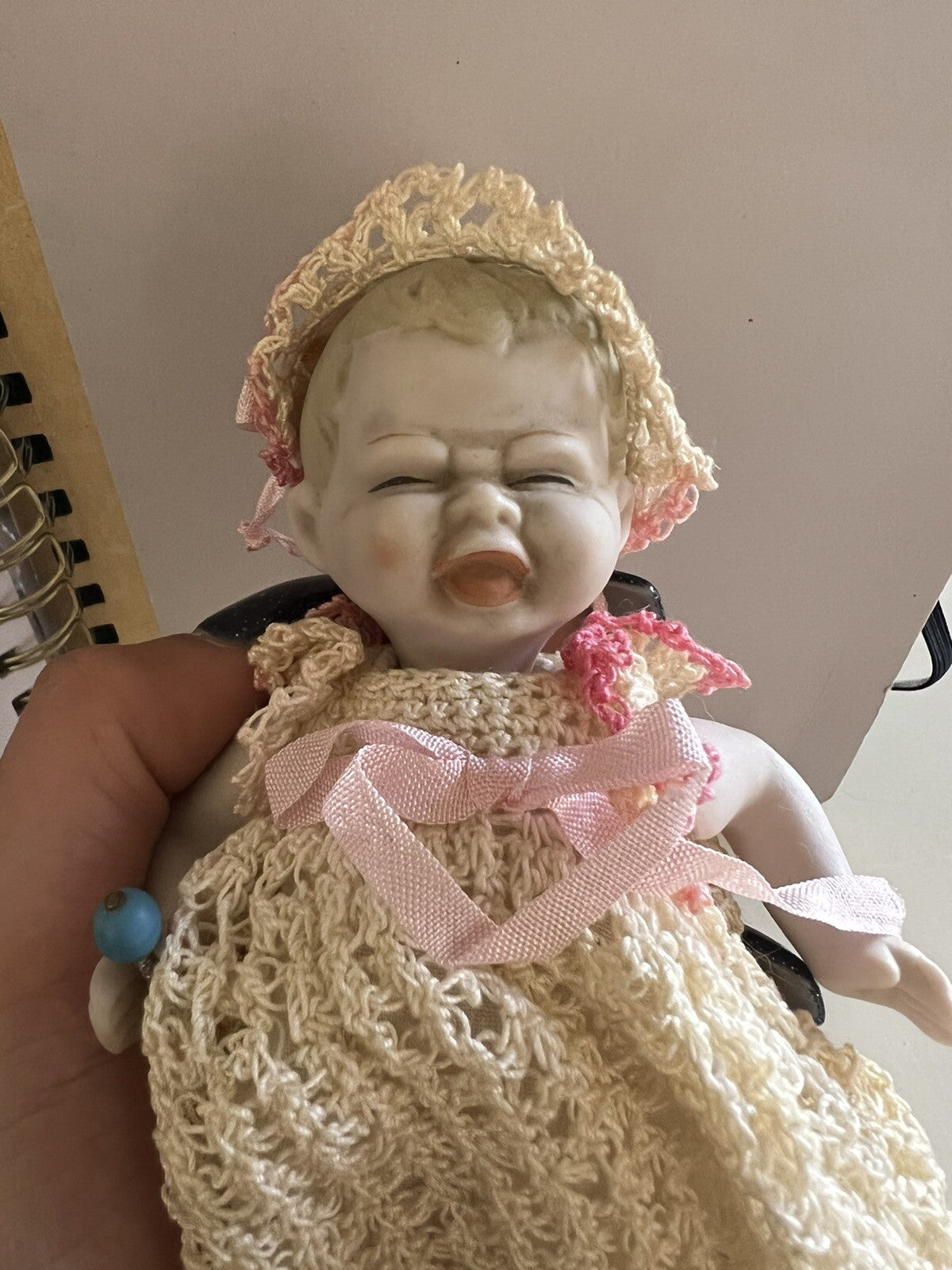 5” Vintage Bisque Crying Baby Doll With Rattle in Hand2
