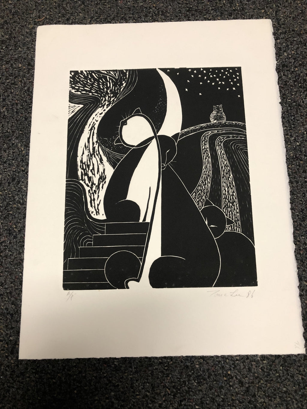 Vintage 1986 Original Etching By Tom C. Lee A/P Cats 15”x11”0