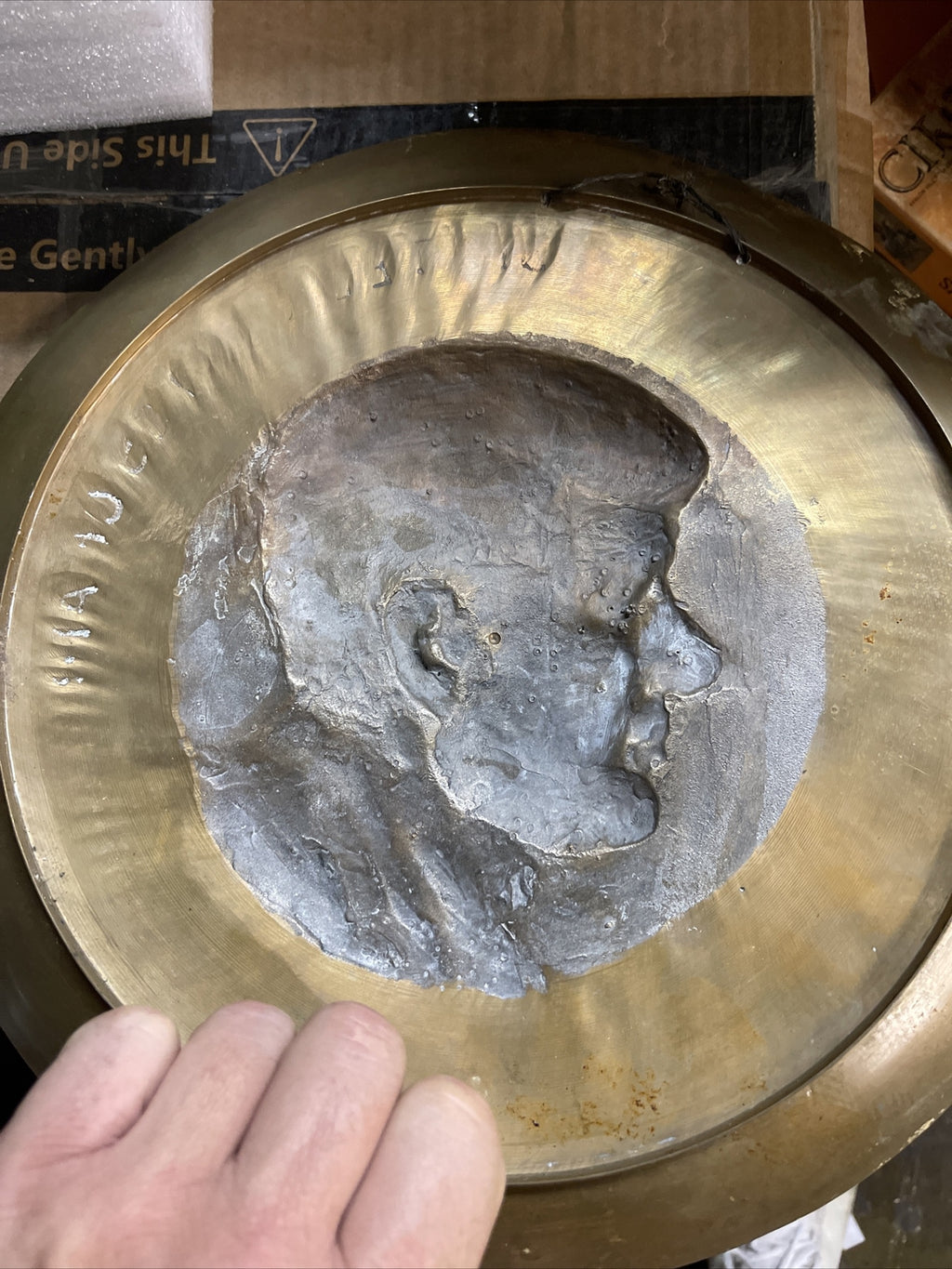 Vintage JOHN F KENNEDY Brass  Bust Sculpture Plate Plaque Embossed JFK 12.5”3