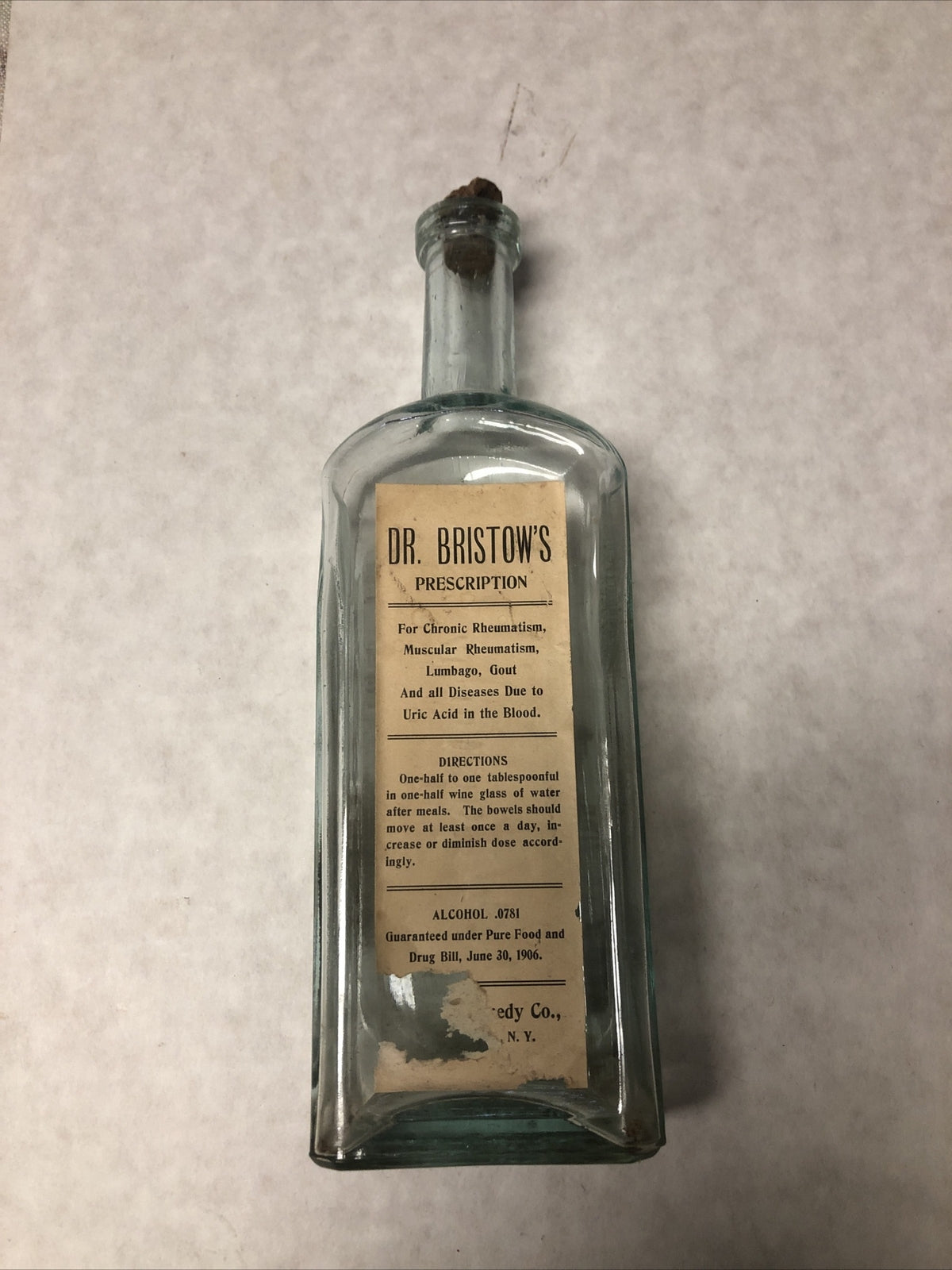 Rare Antique Medicine Bottle Dr. Bristow’s Prescription Glass Bottle W/ Cork Lid0