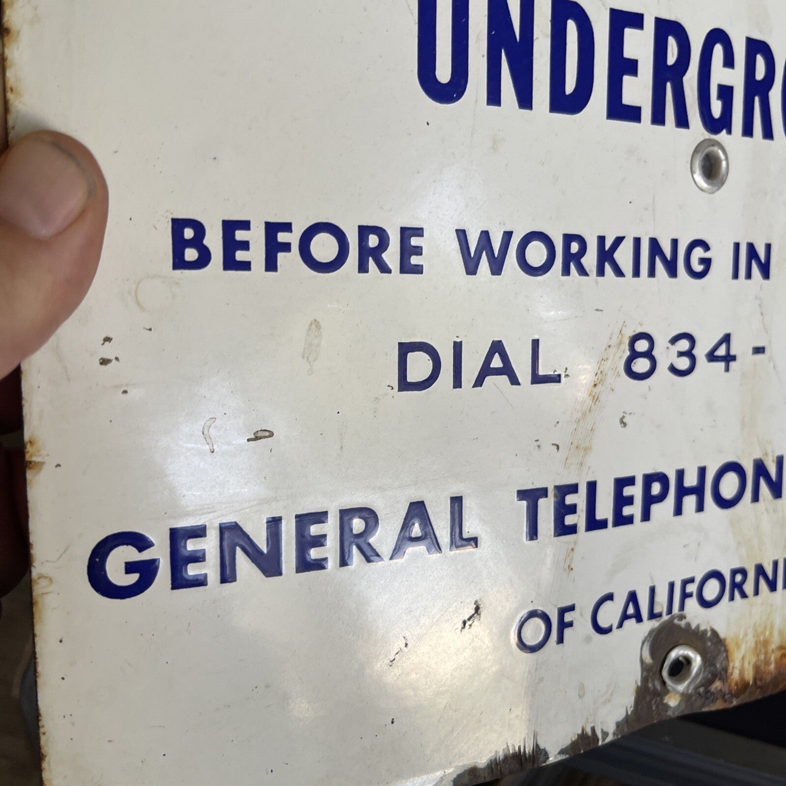 Cobalt Blue Porcelain Sign Caution Cable Underground General Telephone 12”3