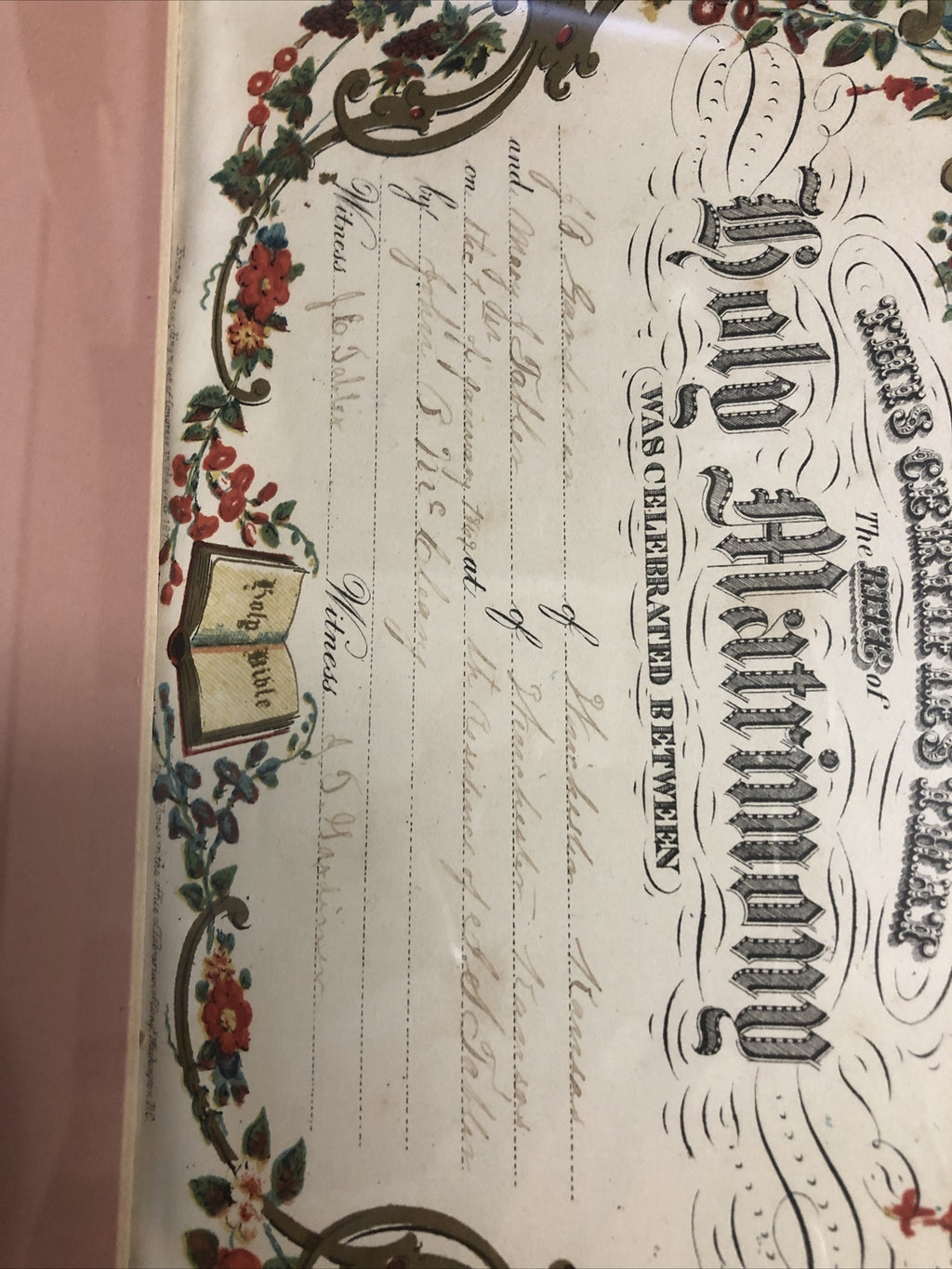Antique 1869 Victorian Framed Marriage Certificate Holy Matrimony 15.5”x13.5”2