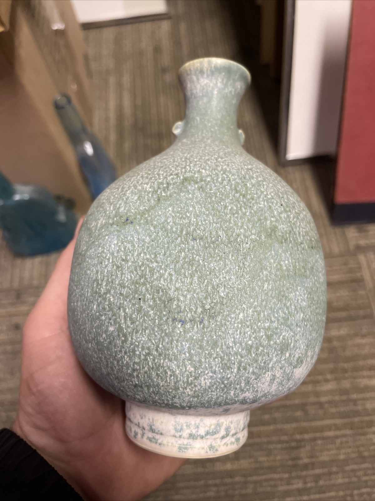 MCM Japanese or Chinese Oval art Pottery ceramic 7.5” tall green mint6