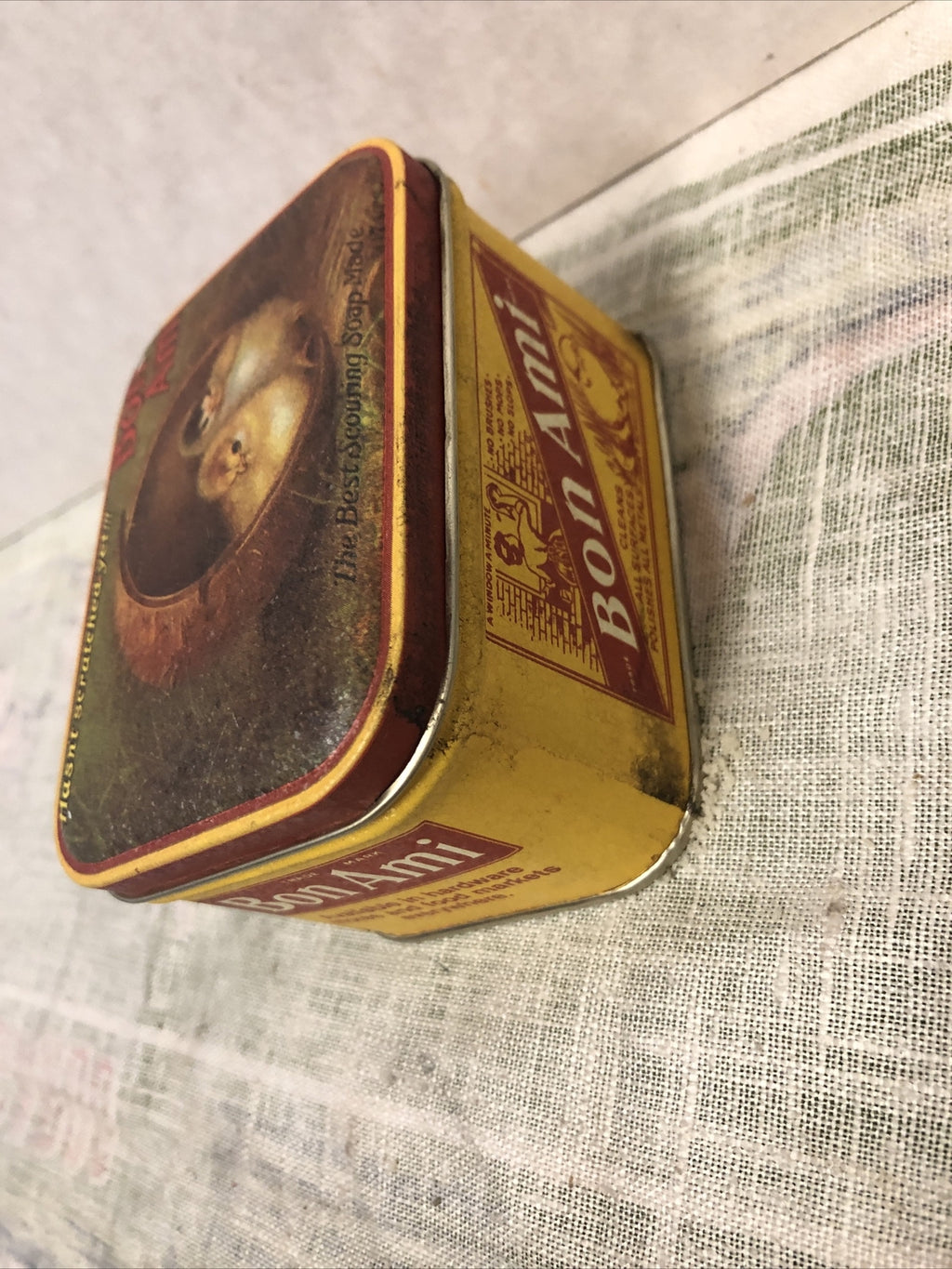 Vintage Bon Ami Tin Soap Can Yellow Chicks On Lid Advertising Bristol Ware2