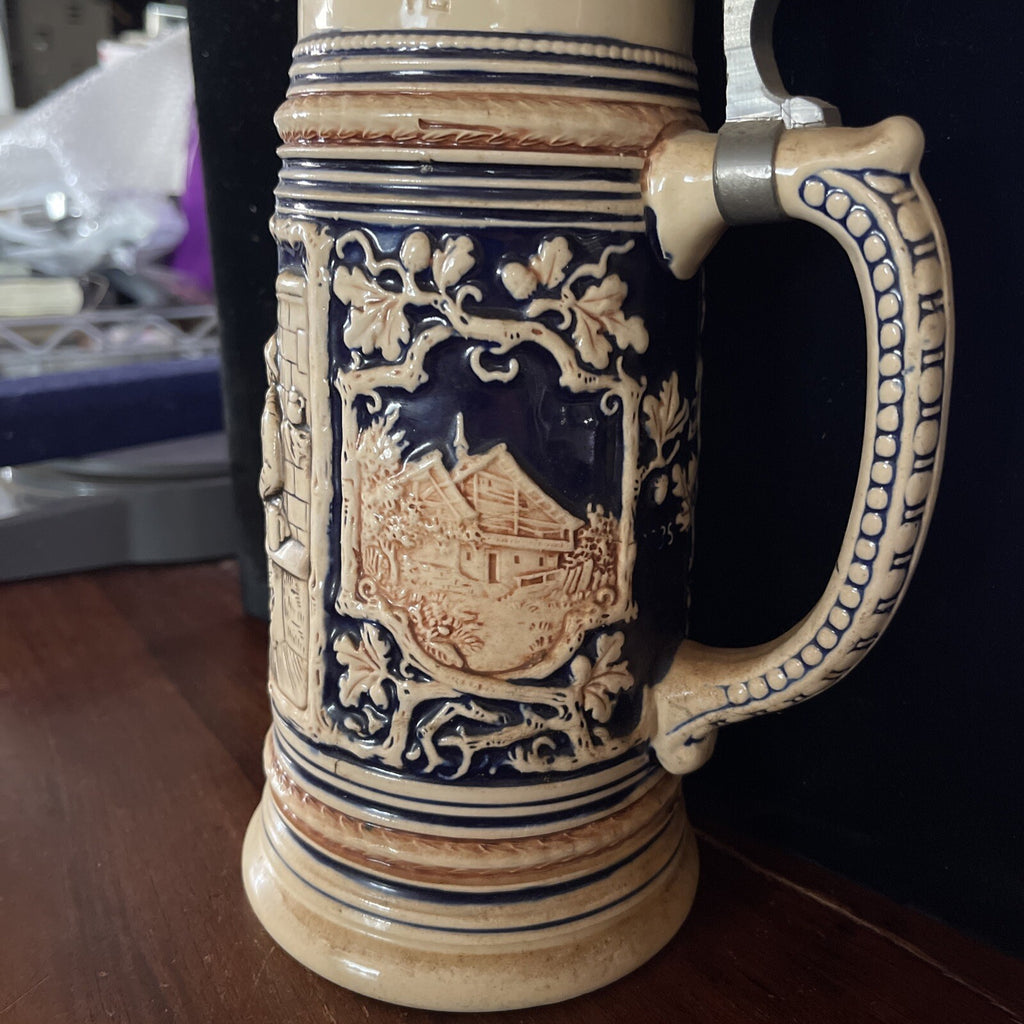Antique German Germany pre WW1 signed Porcelain Lidded Beer Stein Mug 10.5”2