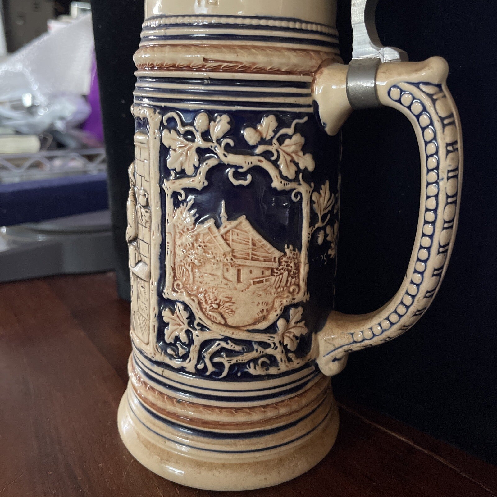 Antique German Germany pre WW1 signed Porcelain Lidded Beer Stein Mug 10.5”2
