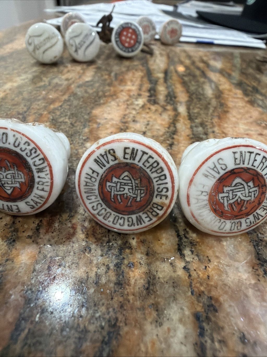 3 Pre-Prohibition Porcelain Beer Bottle Stopper Enterprise Brewing San Francisco2