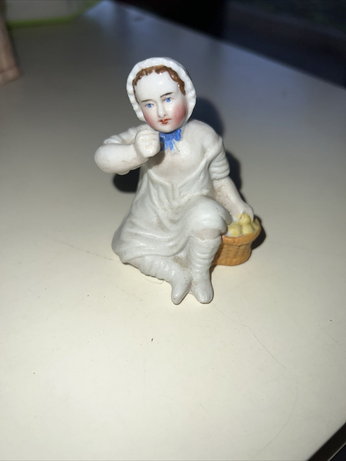 Vintage Bisque Lady in Bonnet with Lemon Basket Picnic Figurine Hand Painted1