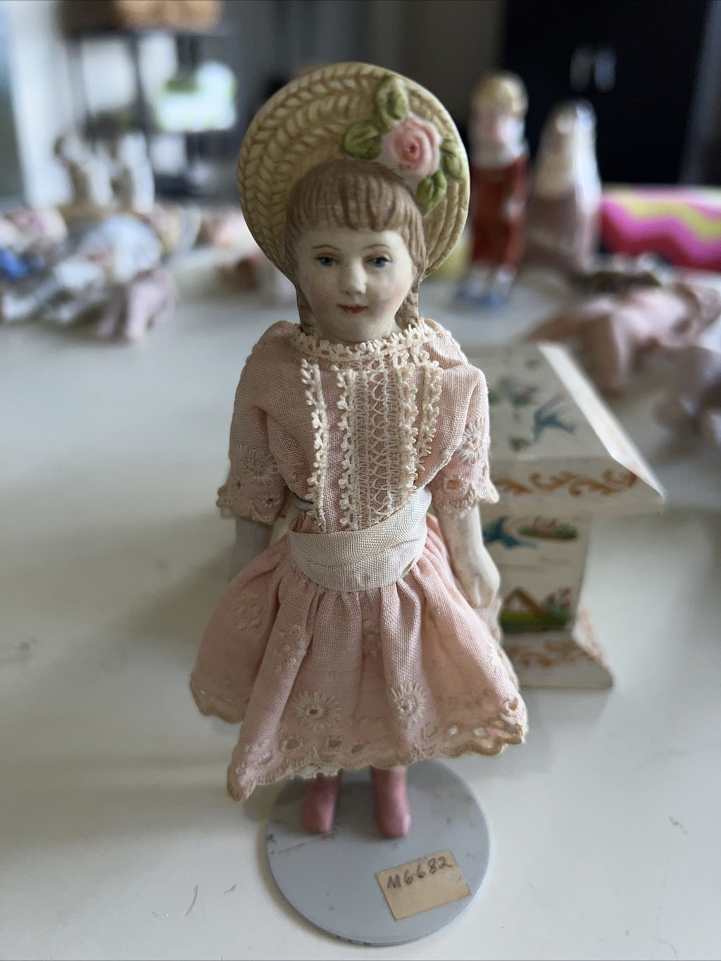 5” Small Vintage German Doll Figure Bisque With Pink Dress0