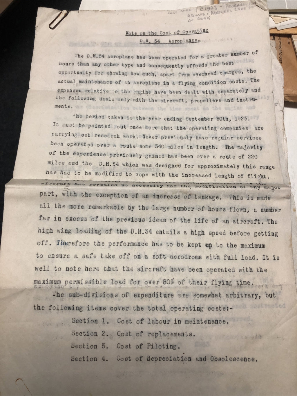 Noted On The de Havilland DH.34 1923 Papers Ogilvie & Partners L Vintage Paper0