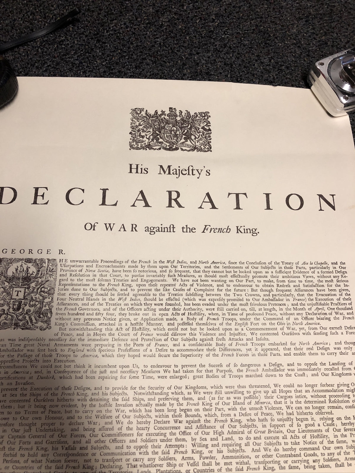 Declaration of War Against The French King Reproduced 21”x16.53