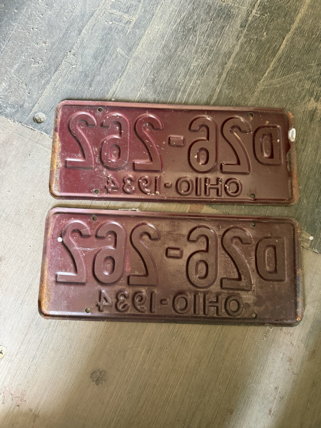 Vintage 1934 Ohio License Plate Matching Pair - Original Maroon & White6