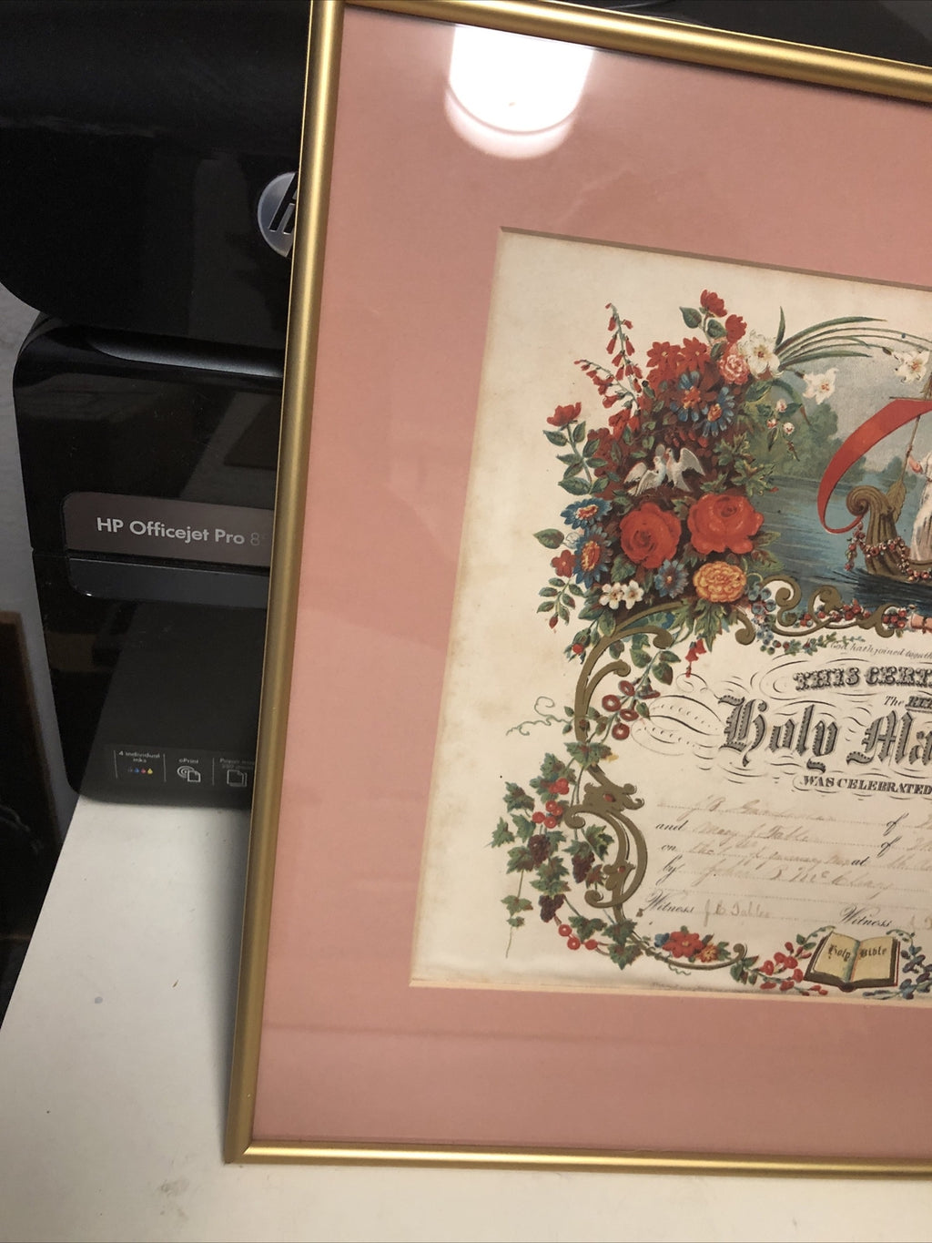 Antique 1869 Victorian Framed Marriage Certificate Holy Matrimony 15.5”x13.5”6