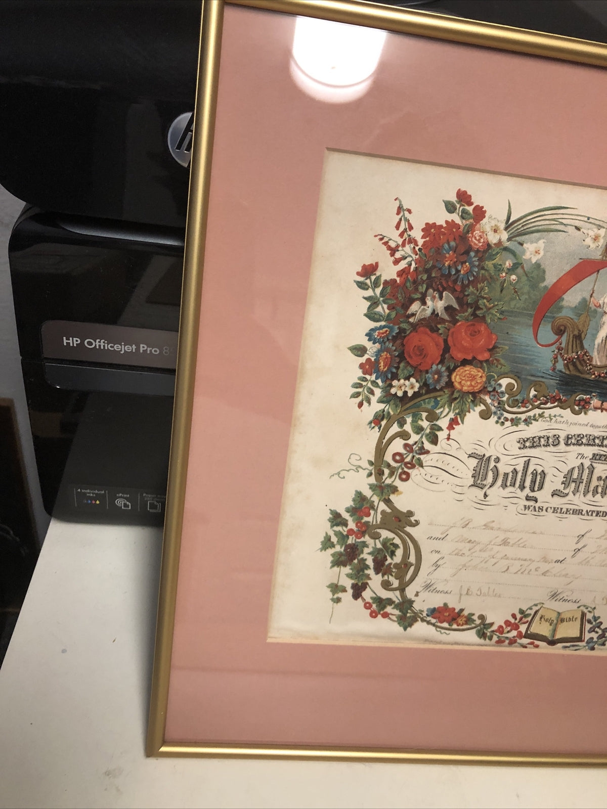 Antique 1869 Victorian Framed Marriage Certificate Holy Matrimony 15.5”x13.5”6