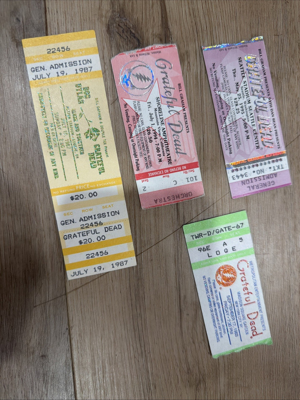 Grateful Dead 4 Ticket Stub Lot  1987-1995 Rose Bowl Seattle Shoreline Madison0