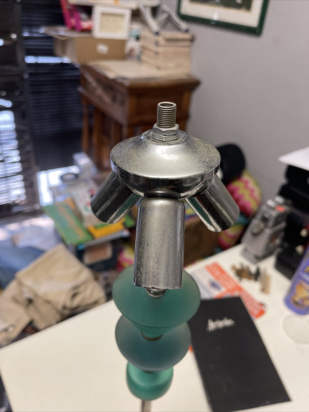 True Vtg MCM Atomic Chrome Blue Celluloid Skyscraper Lamp 3 Bulb Articulated1