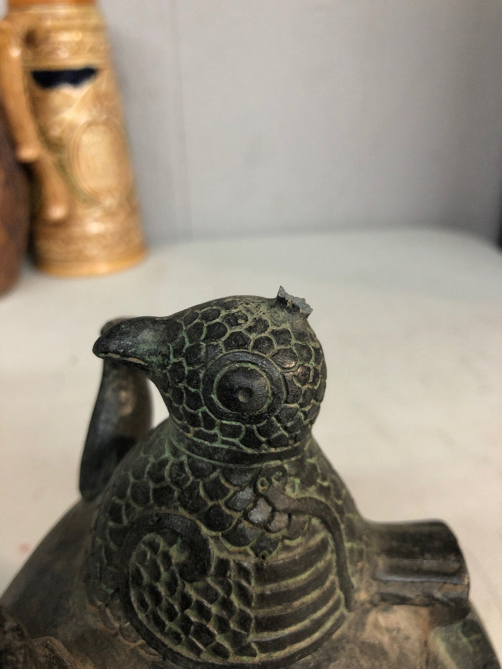 Vintage Asian Or Egyptian Or South American Metal Owl Hawk W Bird Head.7