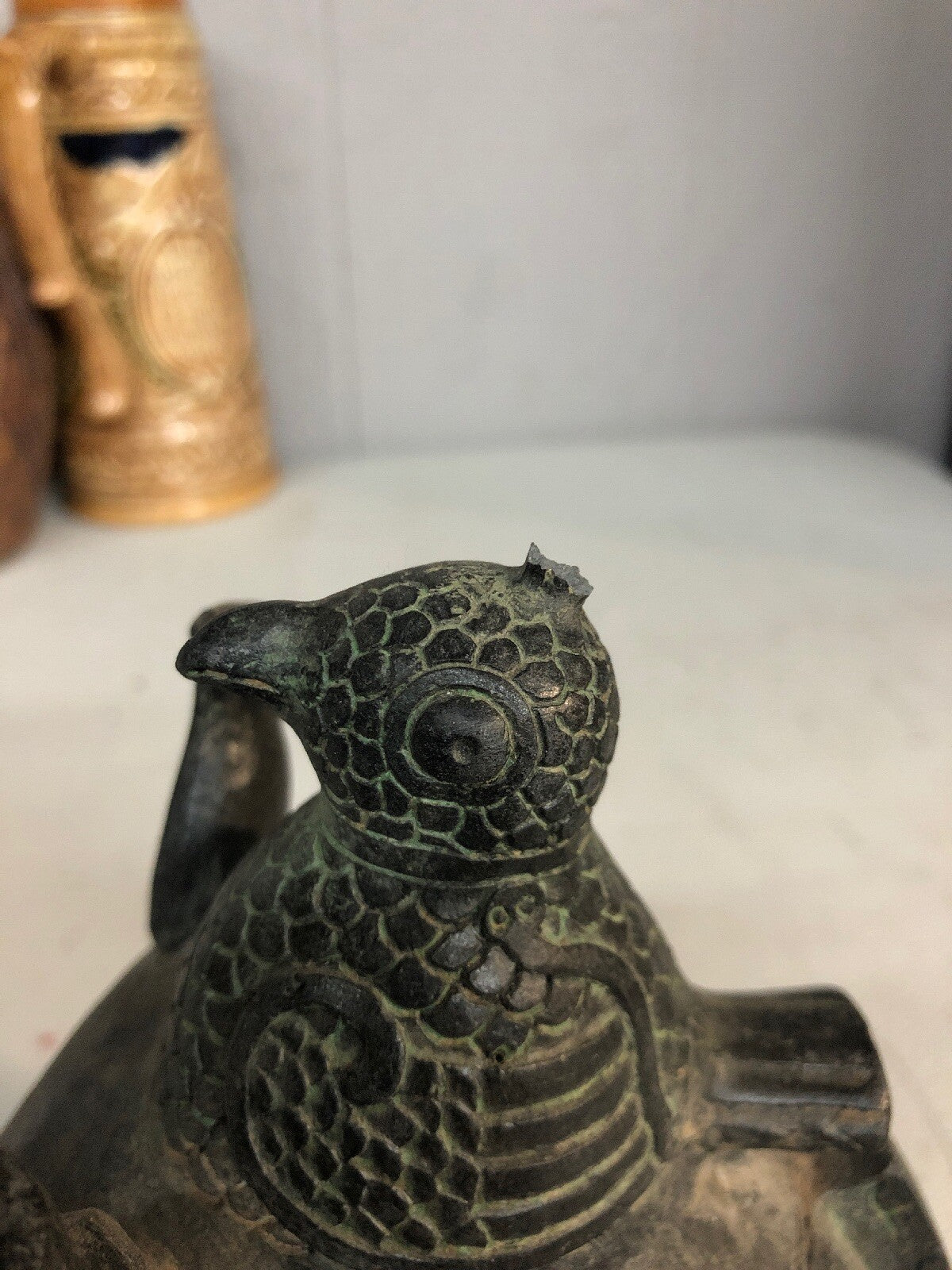 Vintage Asian Or Egyptian Or South American Metal Owl Hawk W Bird Head.7