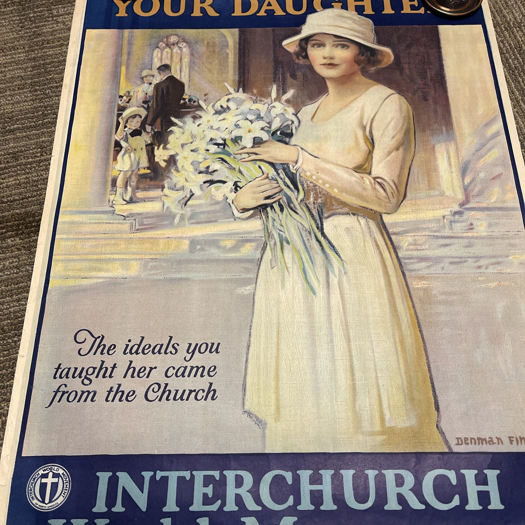 #197 Vintage 1940s Inter church World Movement Mother Daughter Poster 28x21”3