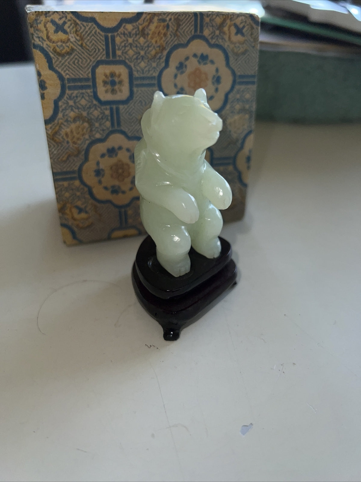 Vintage Carved Stone Bear Spirit Animal Mini Figure With Stand And Box0