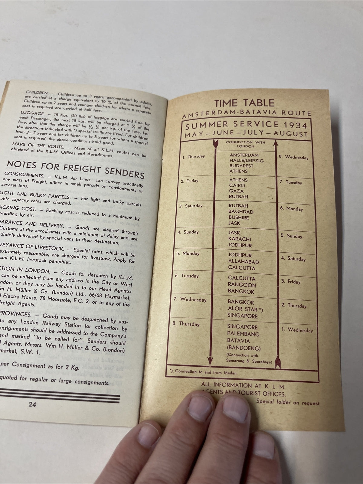 KLM Royal Dutch May 1934 AIRLINE TIMETABLE SCHEDULE Brochure flight Map5