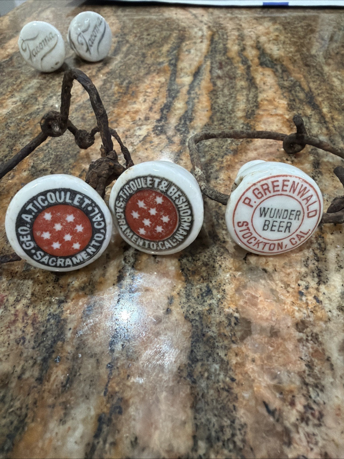 3 Pre-Prohibition Porcelain Beer Bottle Stopper Sacramento Stockton CA0