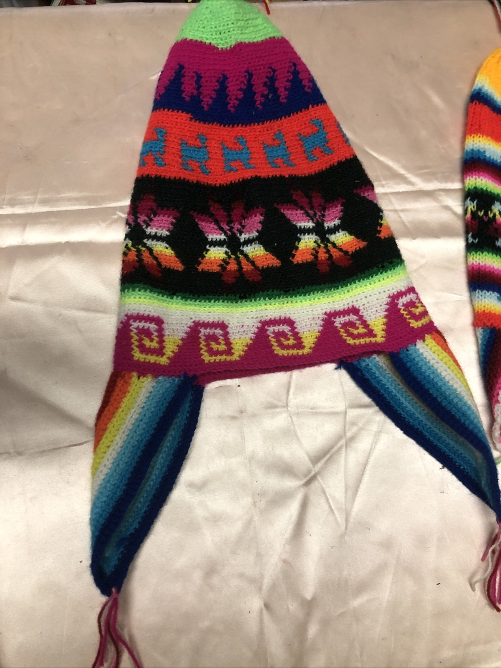 Vintage Mexican Style Lot Of 2 Handmade Youth / Kids / Child Knit Hats Beanies1