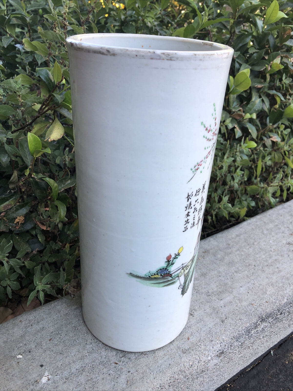 Antique Chinese Famille Rose Porcelain Hat-Stand Vase 11”x5” Family In Nature1
