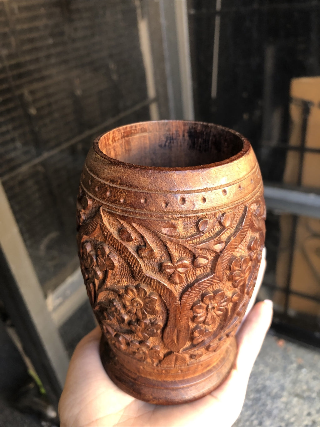 Vintage Hand Carved Wooden Cup Flower Design 4.5”x3”1