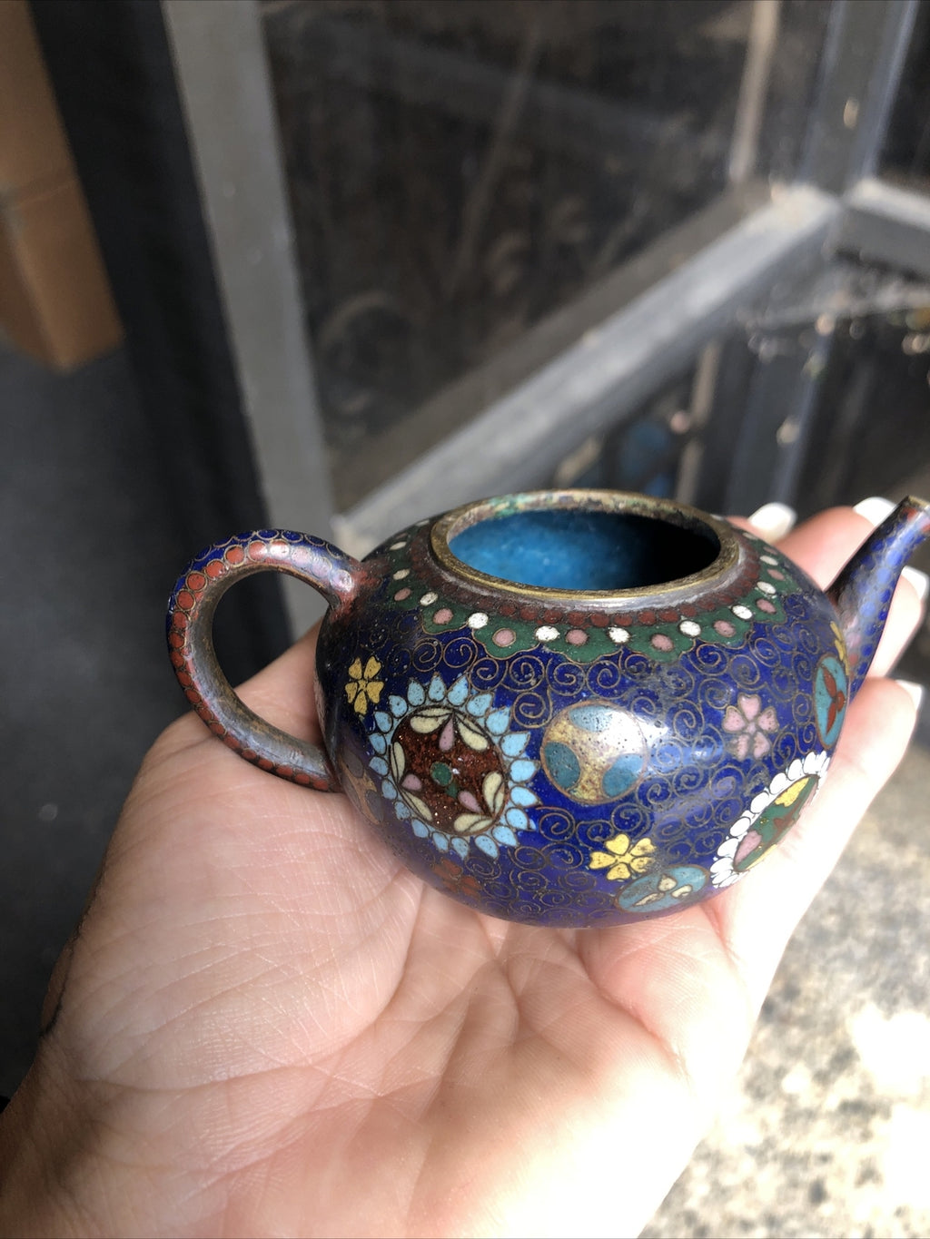 Vintage Handcrafted Mini Blue Teapot 2”x4”1