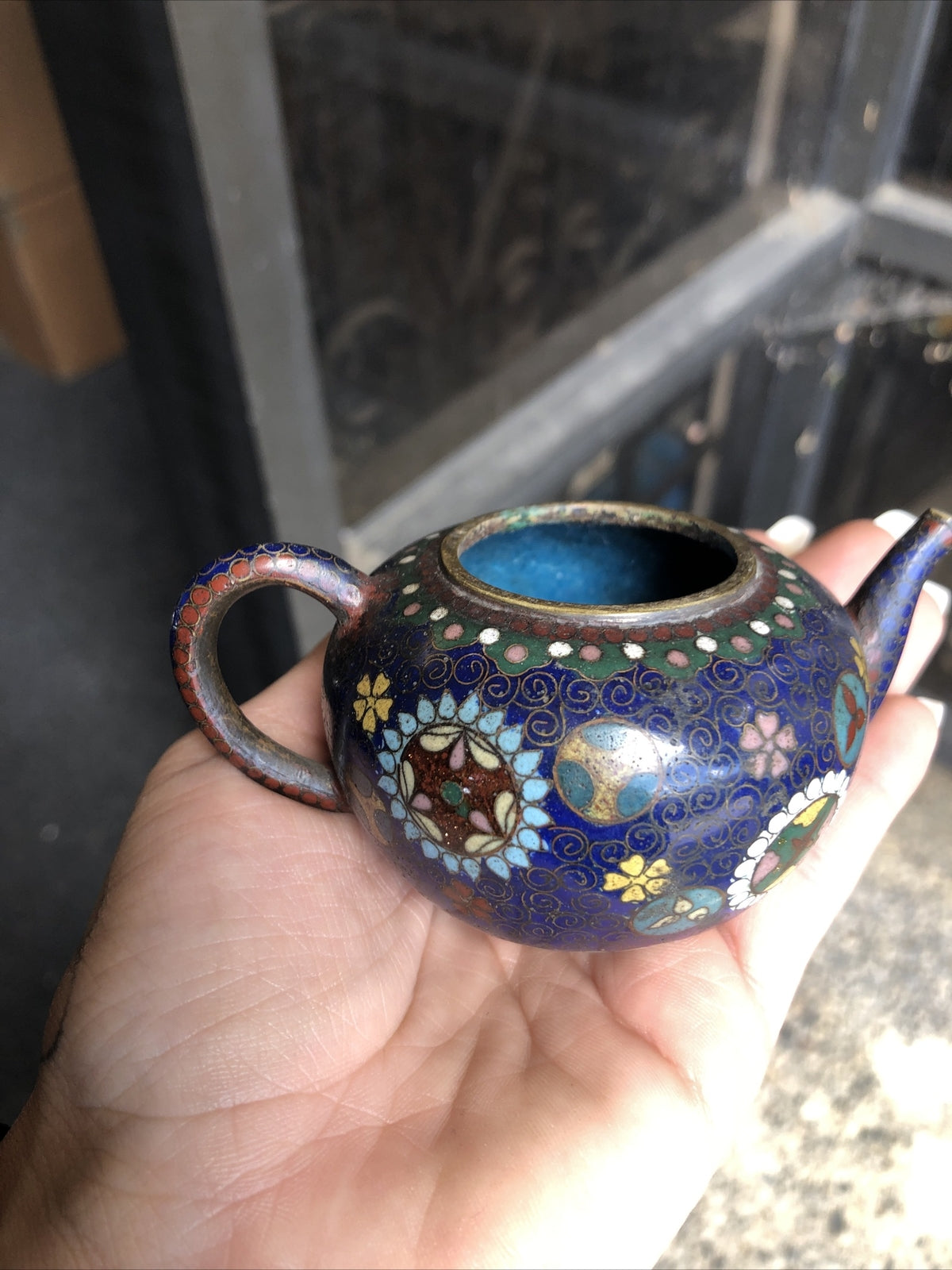 Vintage Handcrafted Mini Blue Teapot 2”x4”1