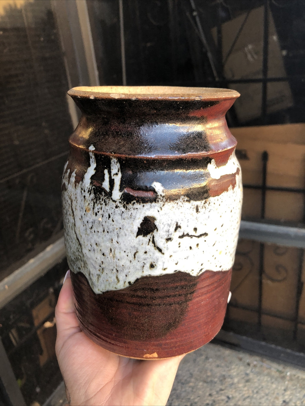 Vintage Stoneware Drip Glaze Art Pottery Vase 7”x4.5”3