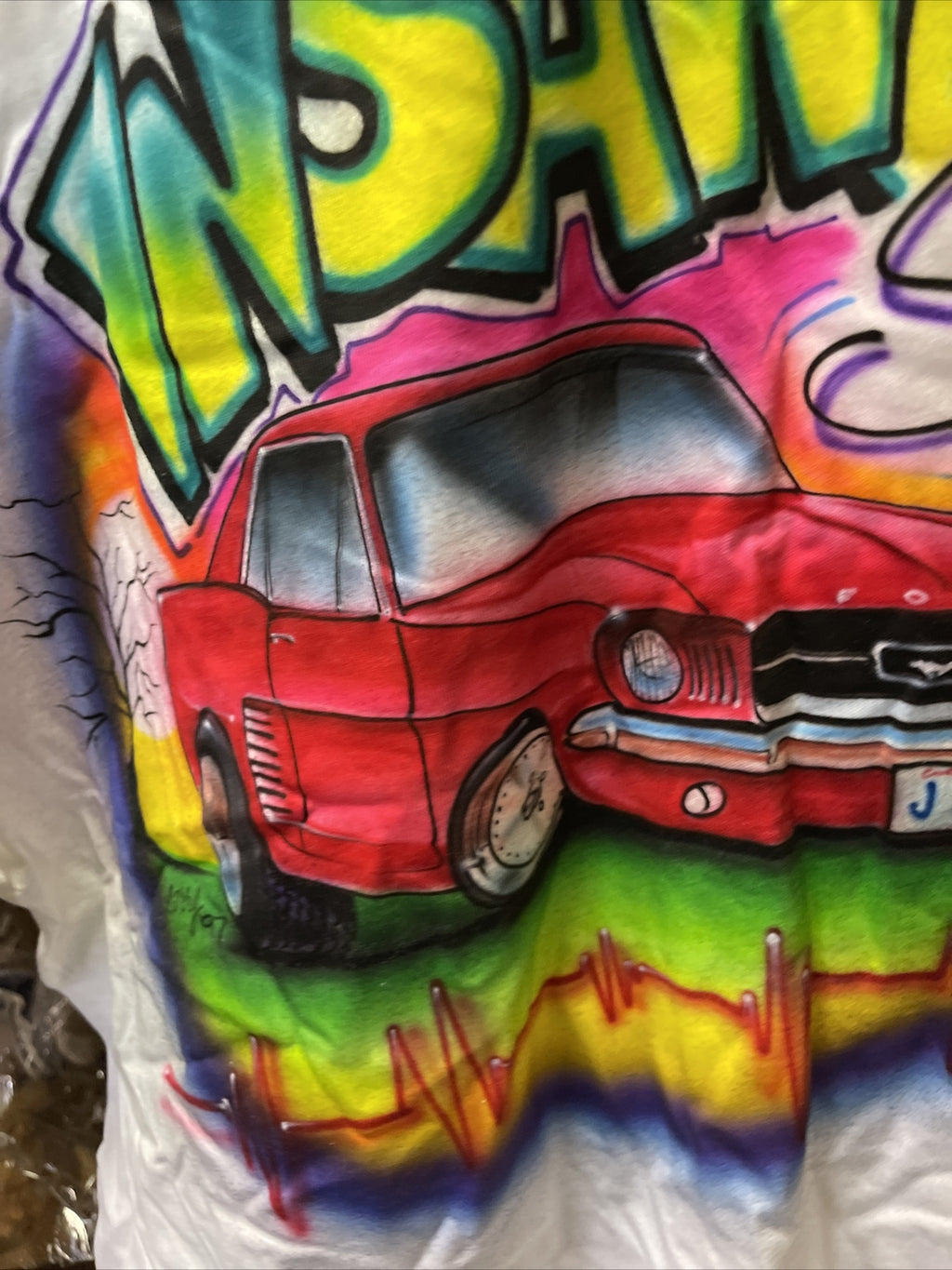 Vintage 90s Insane Stangs Ford Mustang Short sleeve Airbrushed XL Tshirt Signed3