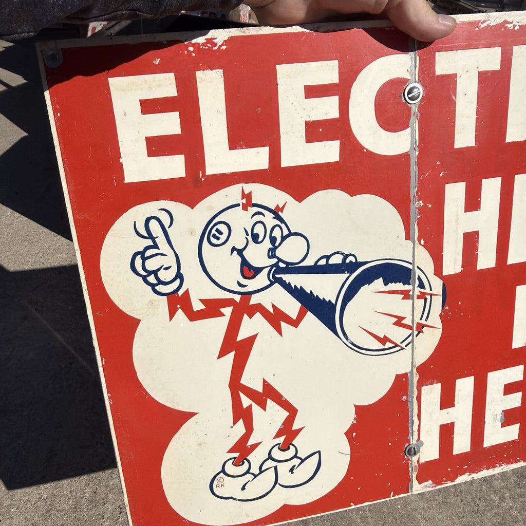 Original 1950-60s Reddy Kilowatt Electric Heat Is Here Company Sign 20” X 16”5