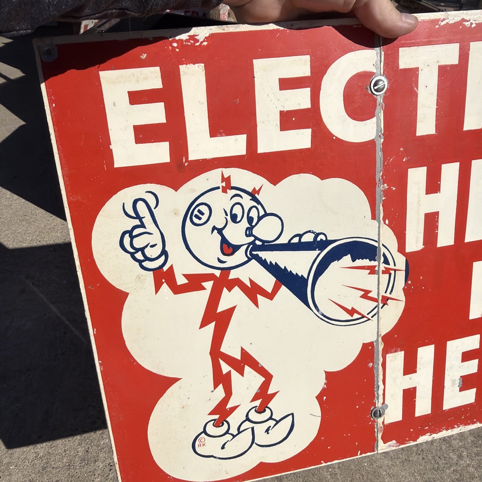 Original 1950-60s Reddy Kilowatt Electric Heat Is Here Company Sign 20” X 16”5